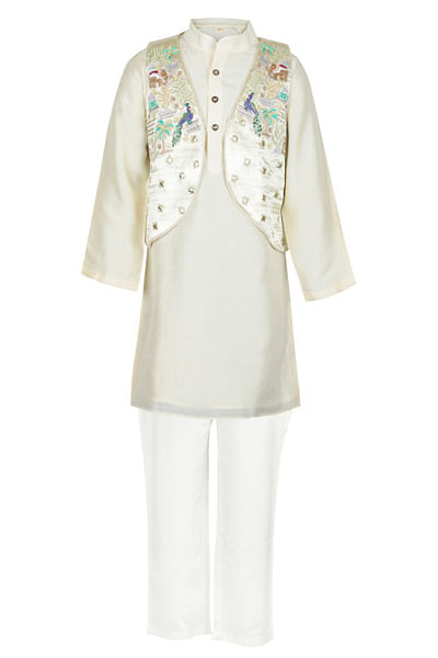 Off-white peacock embroidered koti kurta set