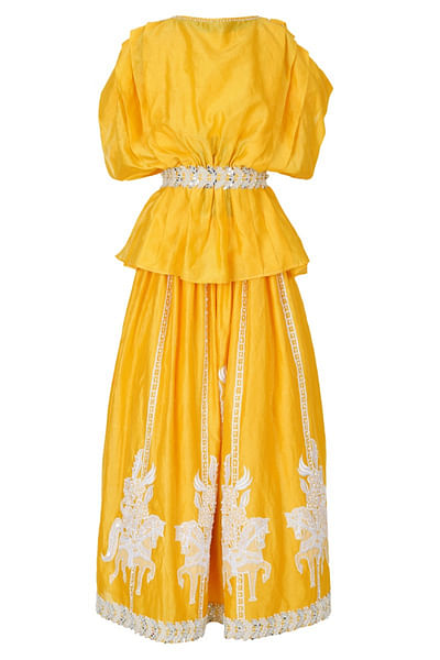 Yellow horse embroidered lehenga set