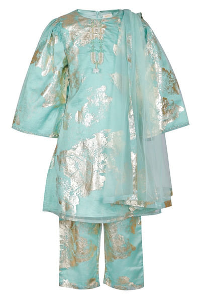 Green foil printed kurta set