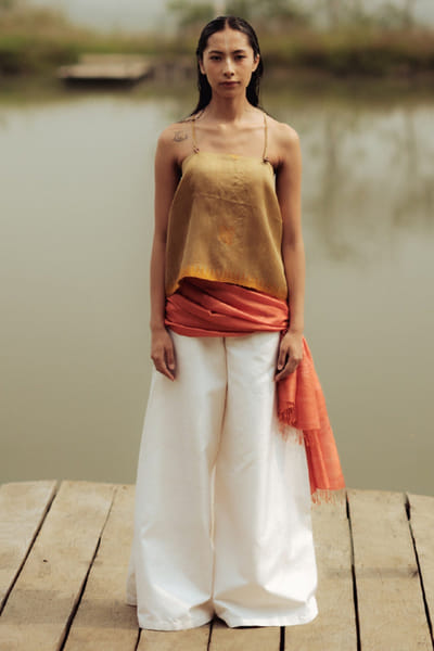 11 Tareng Mustard gold draped top and trouser set 11TAJUL26D148678
