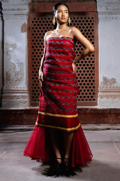 11 Tareng Crimson red thread embroidered tube dress 11TAJUL26D148690