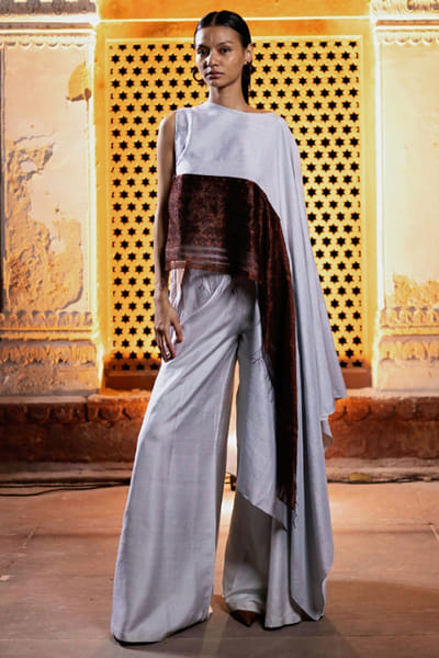11 Tareng Icy blue asymmetric draped top-trouser set 11TAJUL26D148679