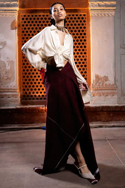 11 Tareng Ivory and merlot shirt-draped skirt set 11TAJUL26D148681
