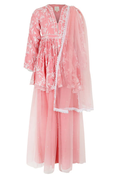 Pink floral embroidered kurta sharara set