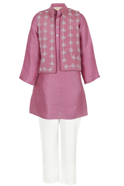 Mauve bead embroidered nehru jacket set