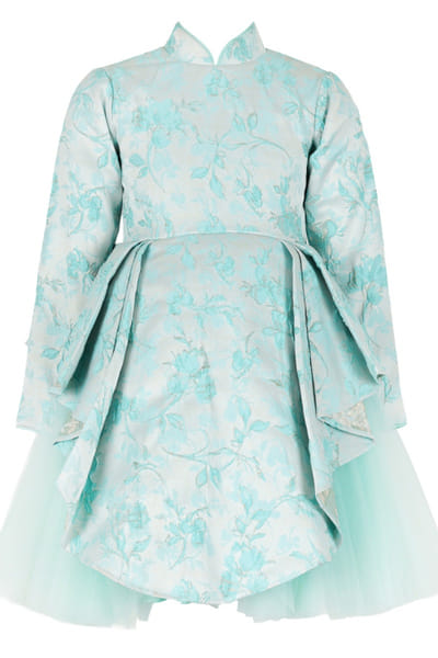 Turquoise jacquard brocade peplum jacket dress