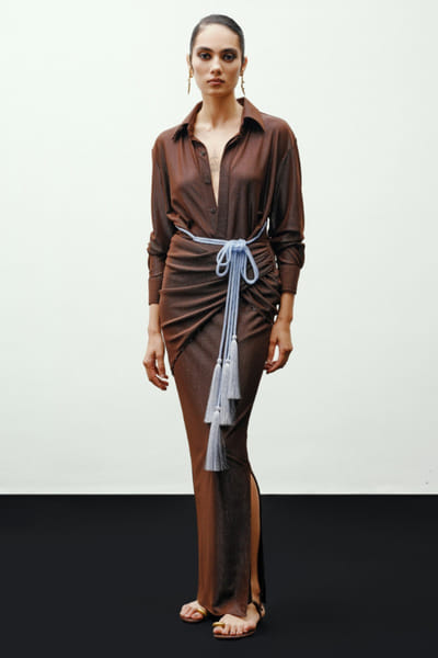 431-88 by Shweta kapur Brown bead embroidered long draped skirt 431JUL26D150503