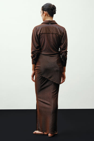 431-88 by Shweta kapur Brown bead embroidered long draped skirt 431JUL26D150503