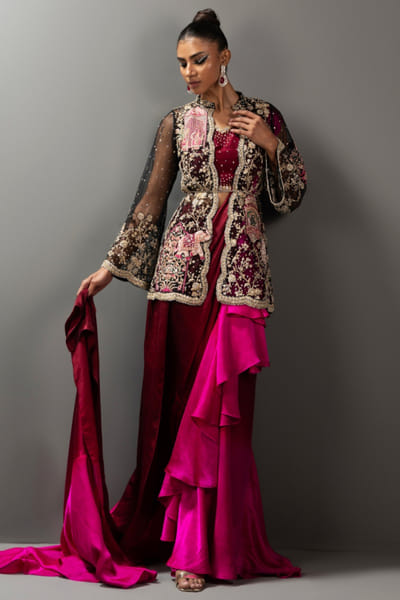 Black pink embroidered drape set