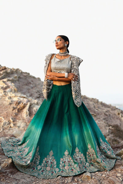 Zainab Chottani Silver emerald embroidered jacket-lehenga set ZAINJUN26D146990