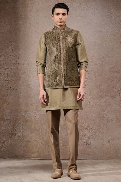 Olive green hand embroidered bandi kurta set