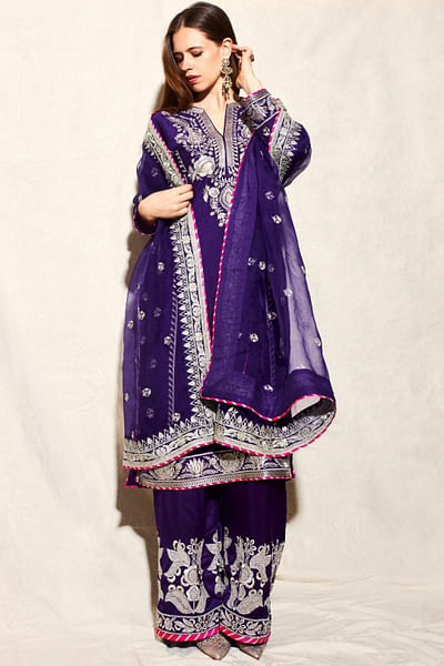 Purple floral embroidery kurta set