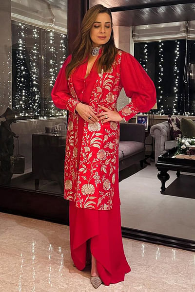 Red floral brocade jacket and draped skirt set