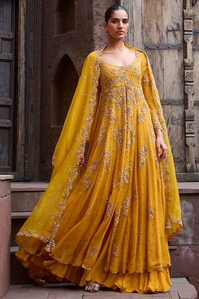 Yellow embroidered anarkali and skirt set