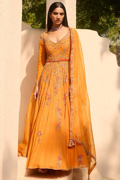 Orange kasab and dori embroidered anarkali set