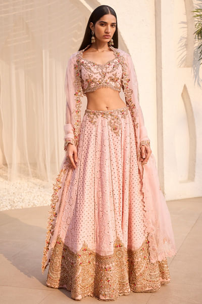 Pink zardozi embroidery chikankari lehenga set