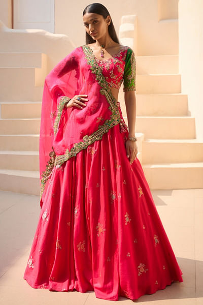 Pink embroidered banarasi lehenga set