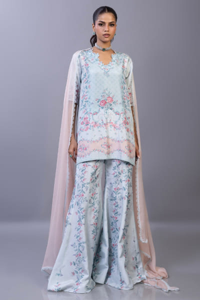 Blue printed short kurta set