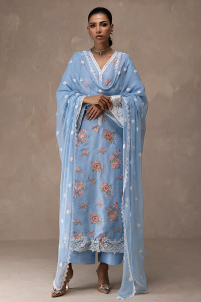 Zainab Chottani Ice blue appliqué embroidered long kurta set ZAINAPR26D142567