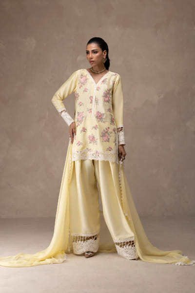 Butter yellow embroidered short kurta set