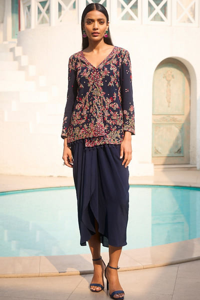 Blue embroidered jacket and drape skirt set