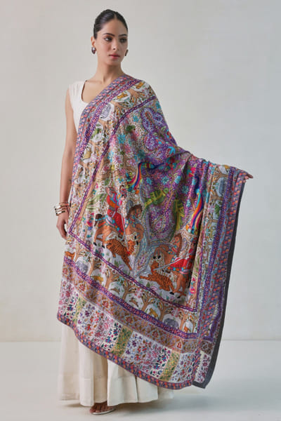 Ivory embroidered woven shawl