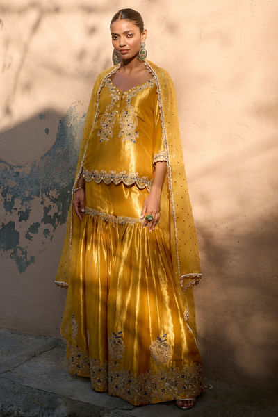 Yellow zari and dori embroidered sharara set
