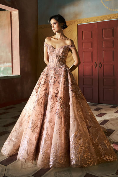 Petal pink 3D floral embroidered gown
