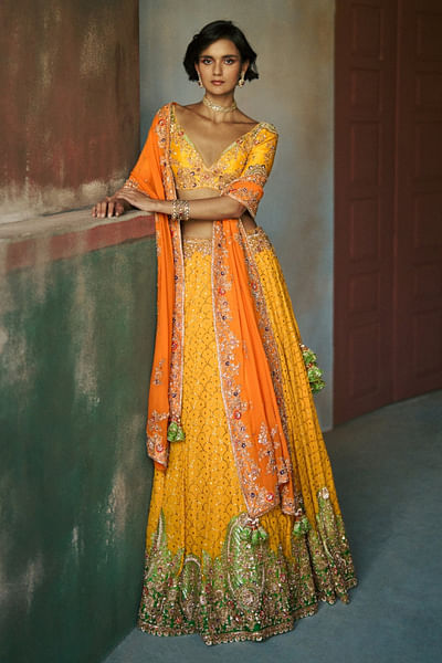Marigold and tangerine kamdani lehenga set