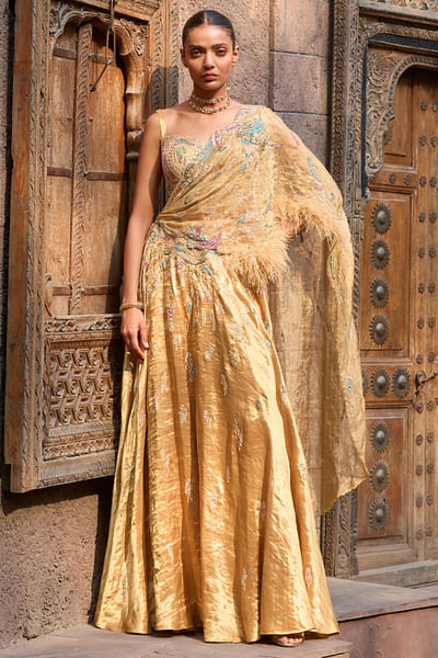 Yellow dori embroidered drape sari set