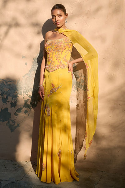 Yellow dori embroidered corset and skirt set