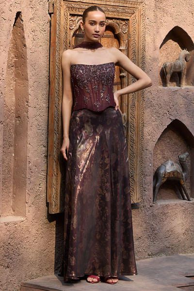 Mocha brown embroidered corset and skirt set