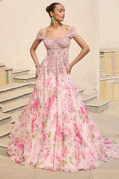Rosabelle floral printed and embroidered gown
