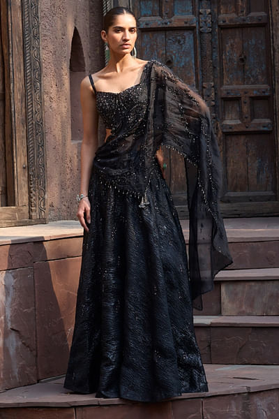Black tonal embroidered drape lehenga set