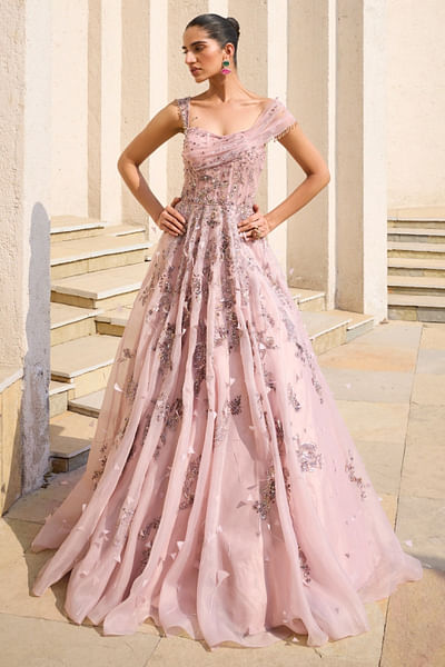 Mauve sequin and zardozi embellished gown