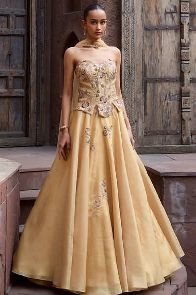 Yellow floral embroidered corset and skirt set