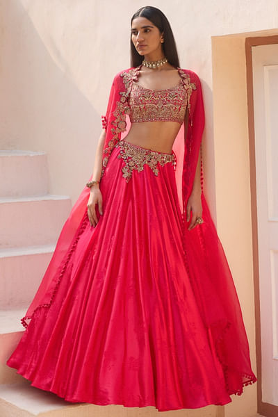 Pink zardozi embroidered cape and lehenga set