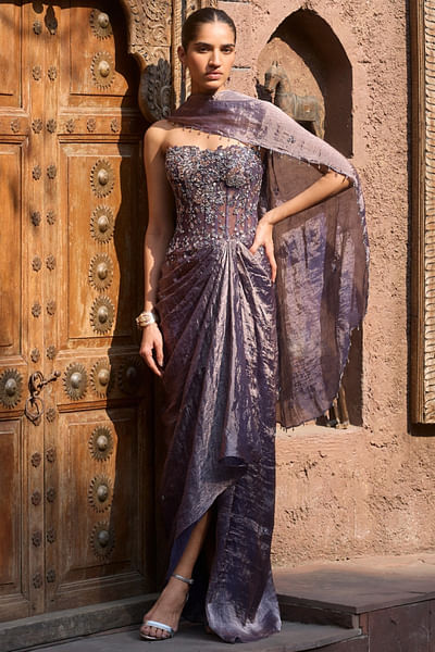 Plum grey embroidery corset and drape sari set