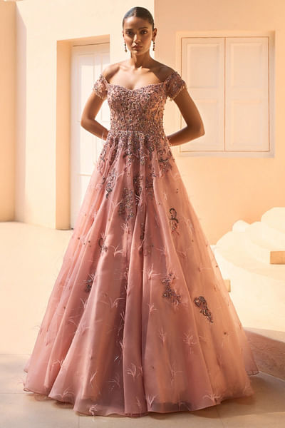 Peach tonal and zardozi embroidered gown