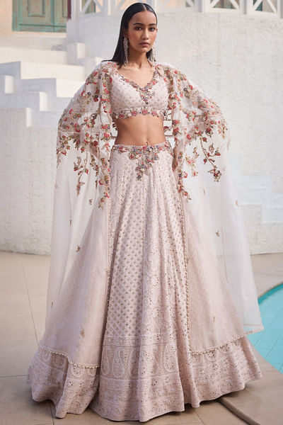 Ivory floral embroidered cape and lehenga set