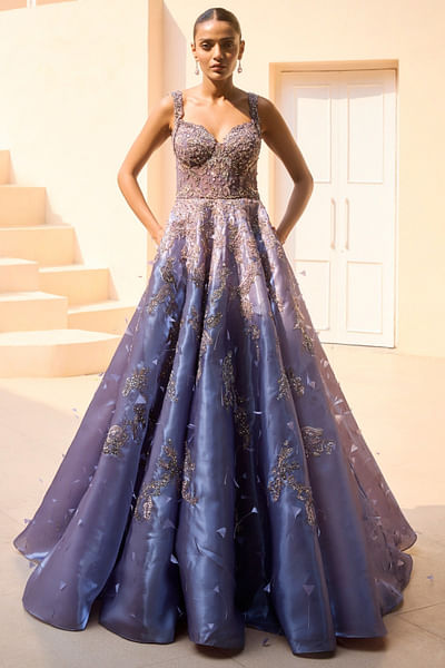 Ombre tonal embroidered and feathered gown