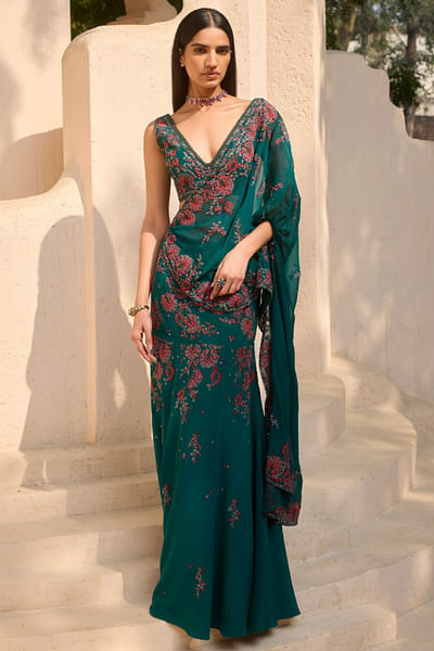Teal green dori embroidered drape sari set