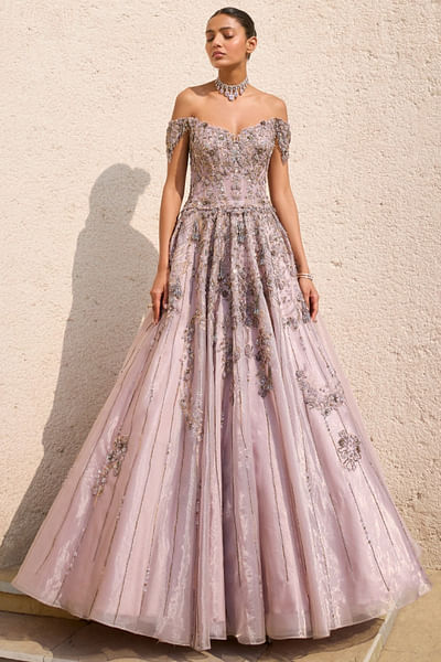 Mauve tonal hand embroidered gown