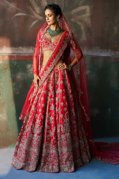Deep scarlet floral embroidered lehenga set