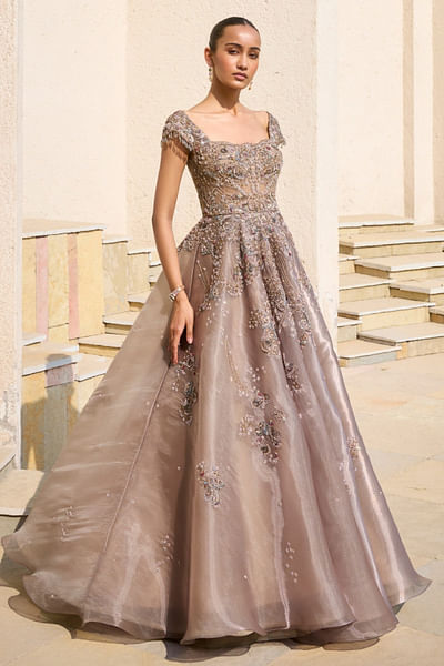 Caramel brown tonal embroidered gown