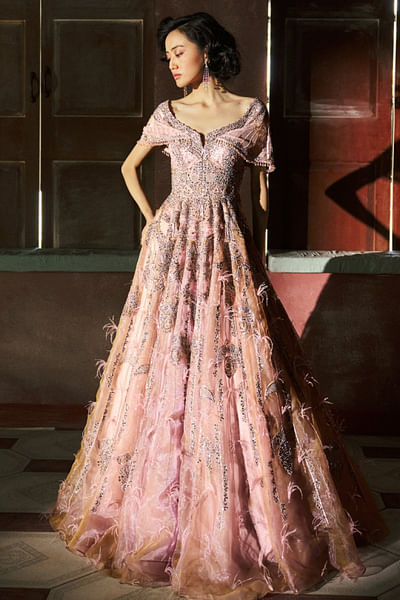 Plum blush feather embellished gown
