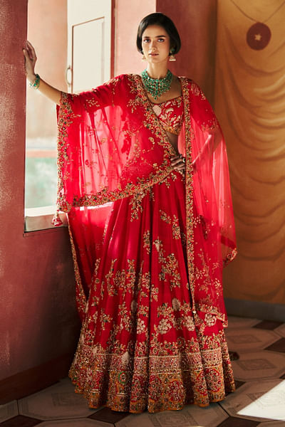 Crimson floral embroidered lehenga set