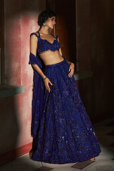Midnight blue 3D floral embroidery lehenga set
