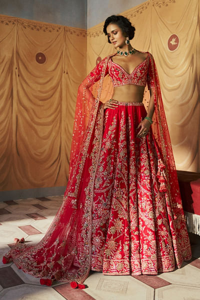 Red floral embroidered lehenga set
