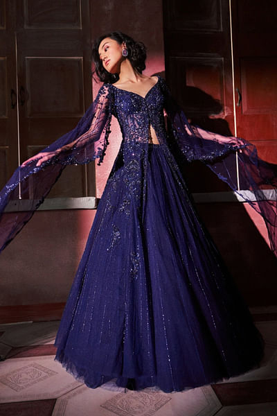 Midnight blue embellished skirt set